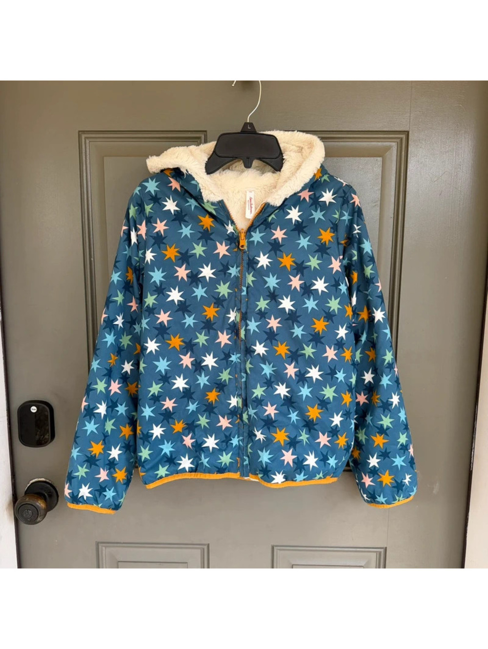 Hanna Andersson Reversible Sherpa Fleece Jacket Stars Blue Cream Kids 140 / 10